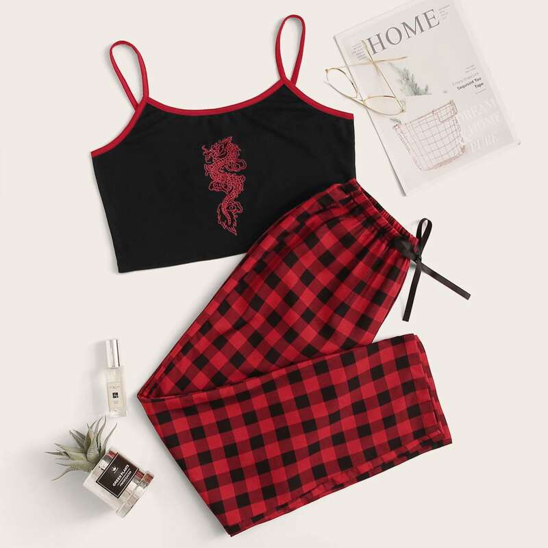 

Dragon Print Cami Top With Buffalo Plaid Pants PJ Set, Multicolor