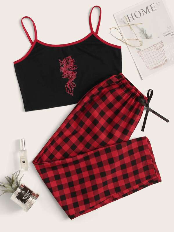 

Dragon Print Cami Top With Buffalo Plaid Pants PJ Set, Multicolor