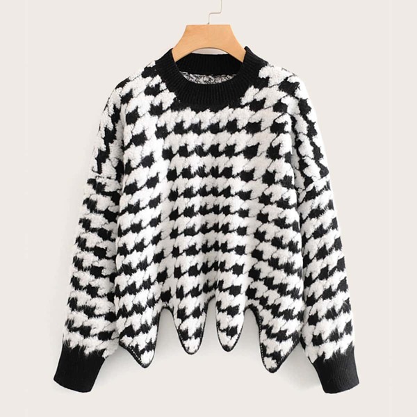 

Asymmetrical Hem Drop Shoulder Sweater, Black and white