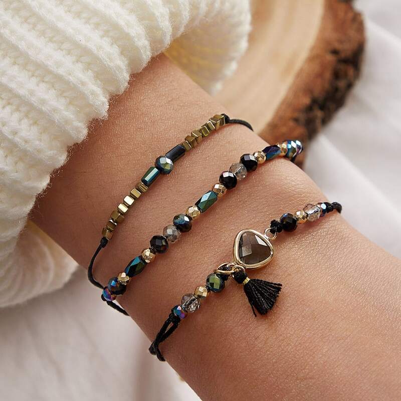 

3pcs Crystal Decor String Bracelets, Multicolor