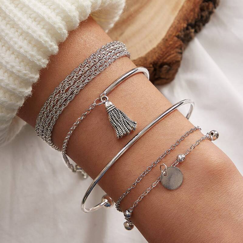 

4pcs Tassel & Coin Charm Bracelet, Silver