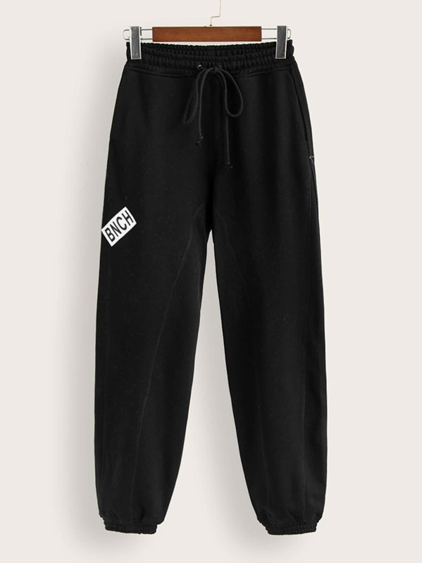 

Letter Print Patched Drawstring Waist Sweatpants, Black