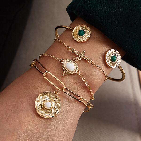 

4pcs Textured Chain Bracelet, Gold