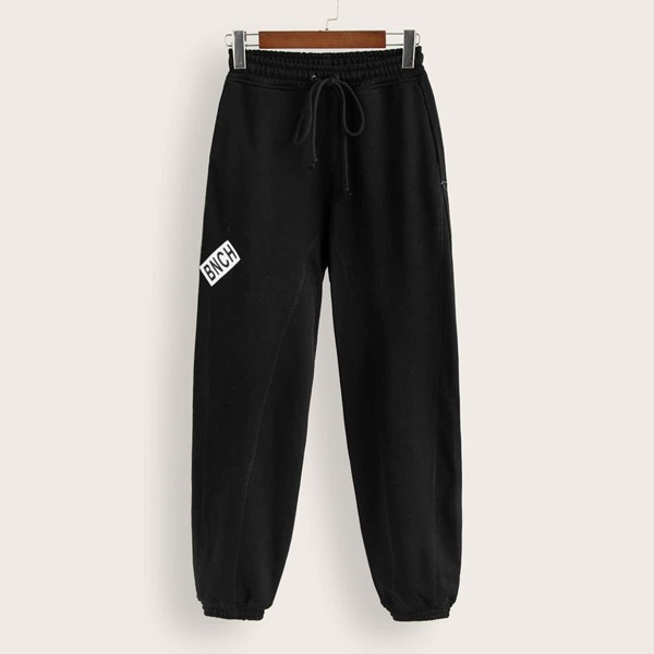 

Letter Print Patched Drawstring Waist Sweatpants, Black