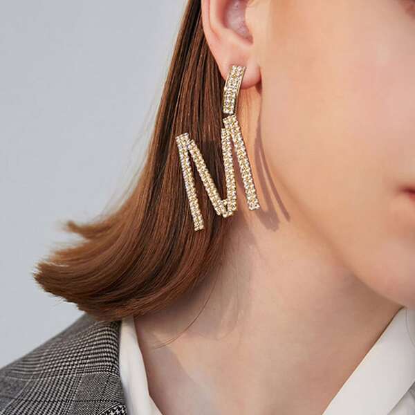 

1pair Rhinestone Engraved Letter Drop Earrings, White