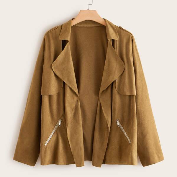 

Plus Zip Detail Lapel Collar Suede Jacket, Camel