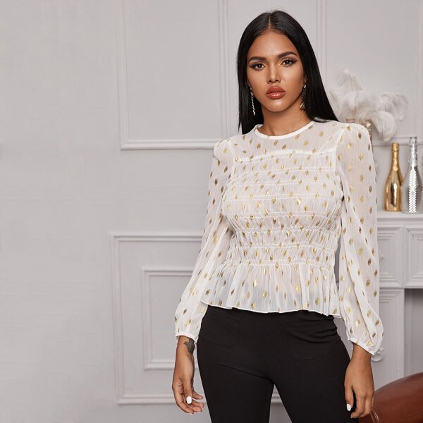 

Polka Dot Smocked Sheer Chiffon Babydoll Blouse, White