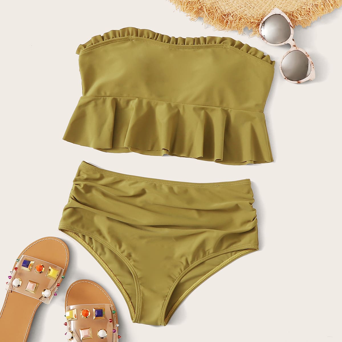

Frill Trim Bandeau With High Waist Bikini Set, Yellow