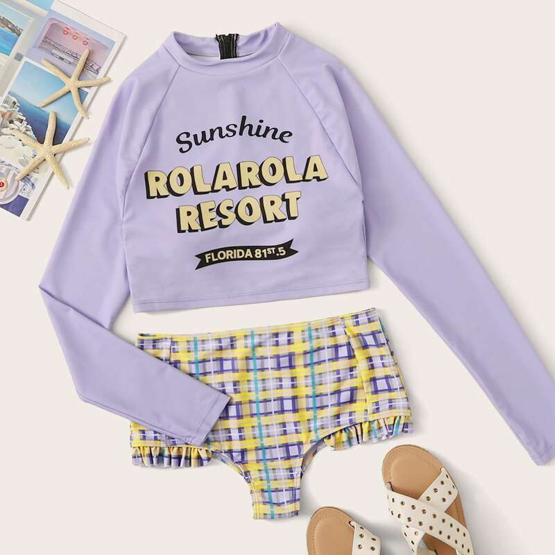 

Letter Graphic Long Sleeve Top With High Waist Bikini, Multicolor