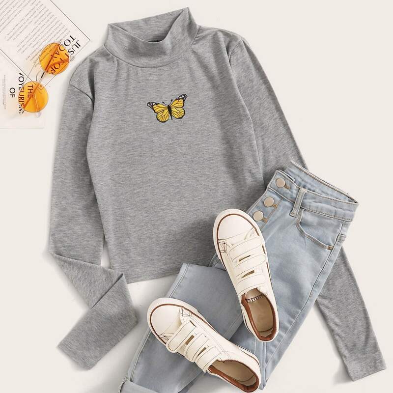 

Butterfly Print Mock Neck Tee, Grey