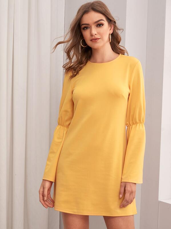 

Solid Ruched Keyhole Back Tunic Dress, Yellow, Luiza
