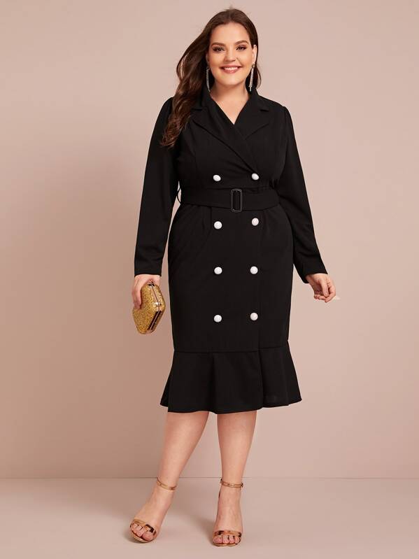 

Plus Double Button Ruffle Hem Blazer Dress, Black, Ella