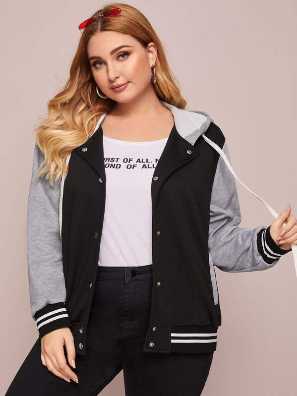 

Plus Press Button Front Color Block Drawstring Hooded Jacket, Black, Nora