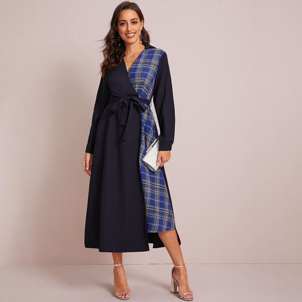 

Contrast Plaid Self Tie Hidden Pocket Dress, Navy