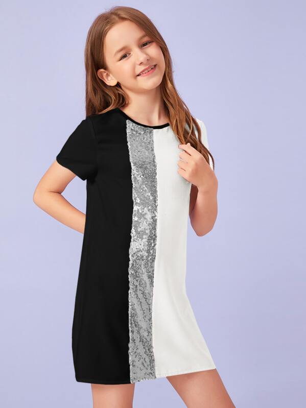 

Girls Contrast Sequin Panel Colorblock Tunic Dress, Black and white, Sashab
