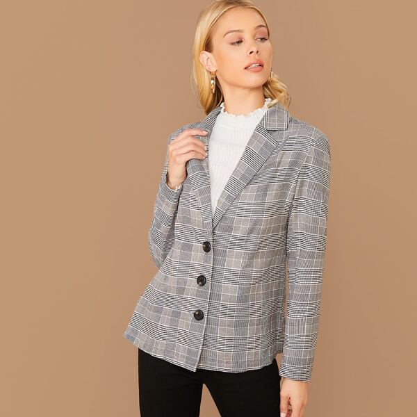 

Notched Collar Single Breasted Plaid Blazer, Grey