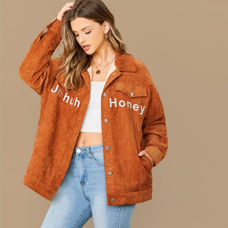 

Fleece Lined Embroidered Cord Jacket, Camel