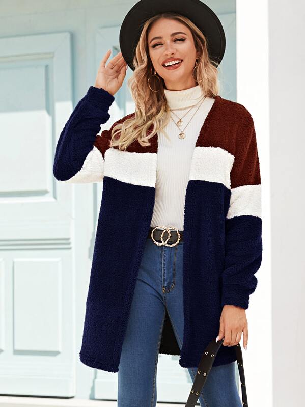 

Open Front Colorblock Teddy Coat, Multicolor, Nathane