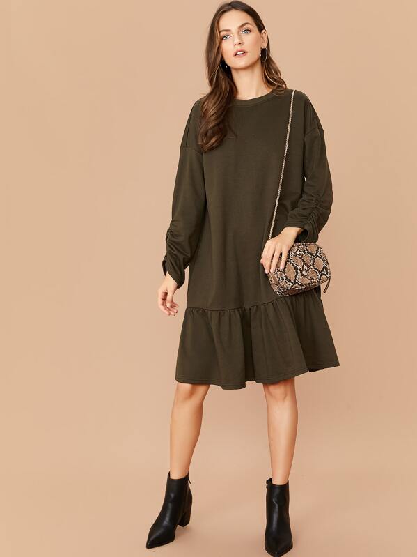 

Ruched Sleeve Ruffle Hem Sweatshirt Dress, Army green, Zorana
