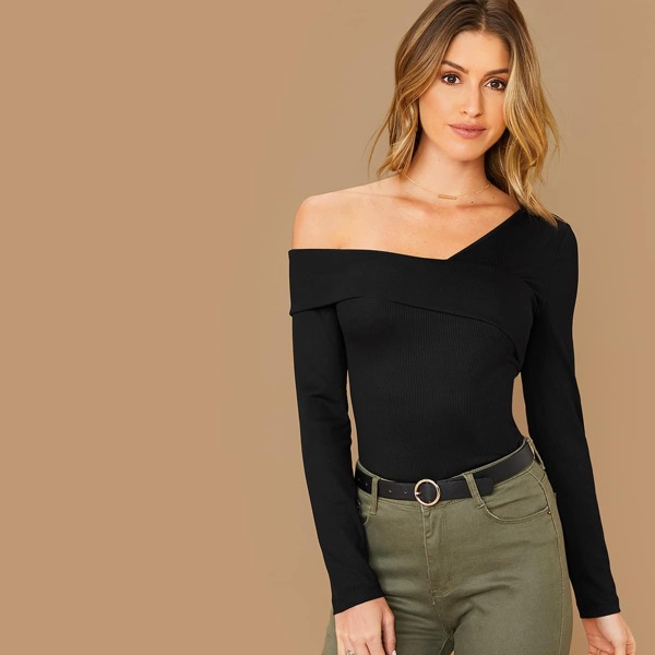 

Asymmetrical Neck Rib-knit Top, Black