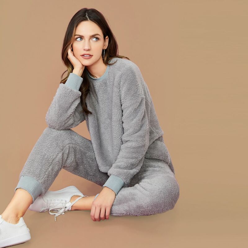 

Drop Shoulder Teddy Crop Pullover and Joggers Set, Grey