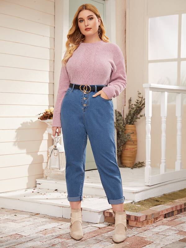 

Plus Button Fly Tapered Jeans Without Belt, Blue, Nora