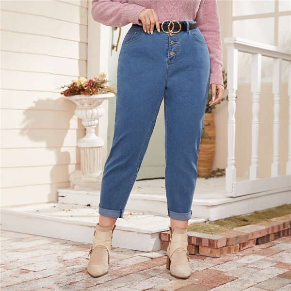 

Plus Button Fly Tapered Jeans Without Belt, Blue
