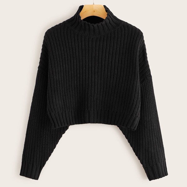 

Balloon Sleeve Crop Boxy Sweater, Black