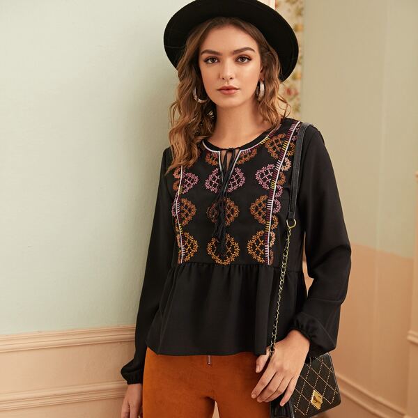 

Knot Front Tribal Embroidered Ruffle Hem Blouse, Black