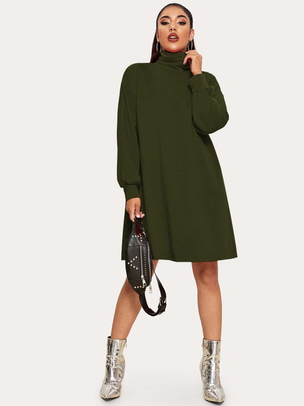 

Solid High Neck Sweatshirt Dress, Army green