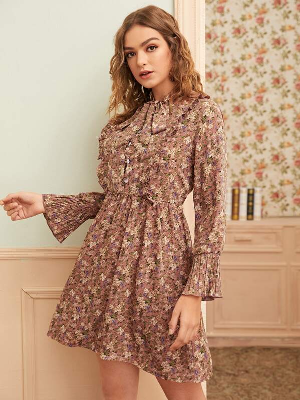 

Floral Print Tie Neck Lettuce Frill A-line Dress, Multicolor, Luiza