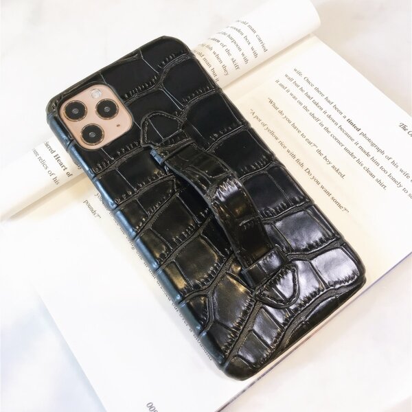 

Crocodile Embossed iPhone Case With Finger Strap, Black