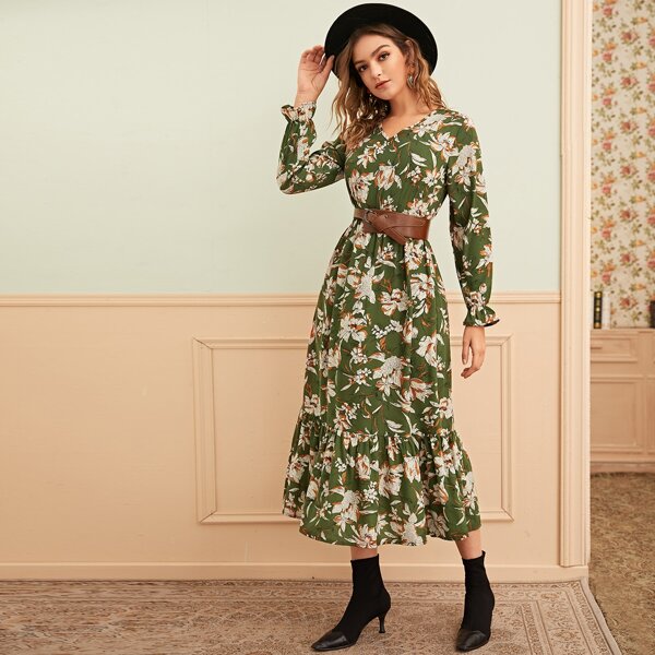 

Floral Print Ruffle Hem A-line Dress, Green