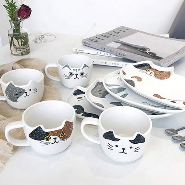 

2pcs Cartoon Cat Ceramic Mug With Plate, Multicolor