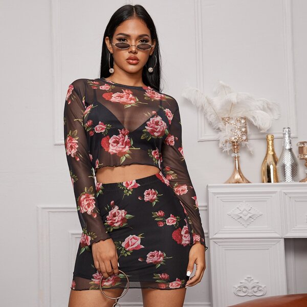 

Floral Print Sheer Mesh Top & Skirt, Black