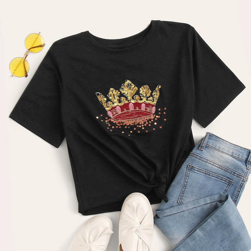 

Contrast Sequin Crown Pattern Tee, Black