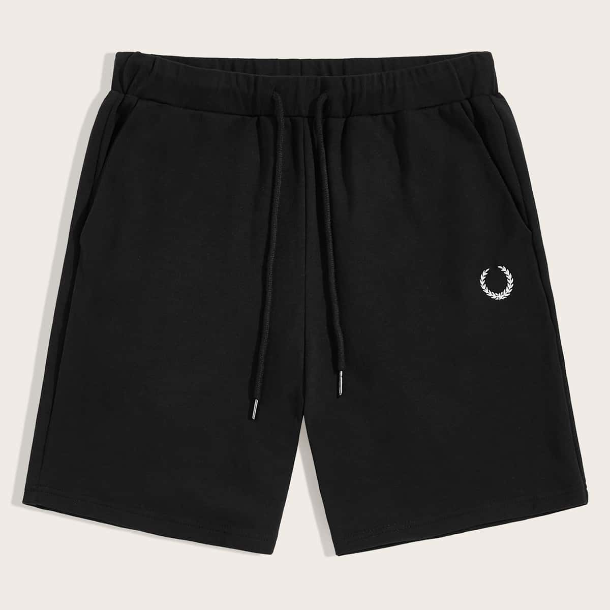 

Guys Embroidered Detail Drawstring Waist Athletic Shorts, Black