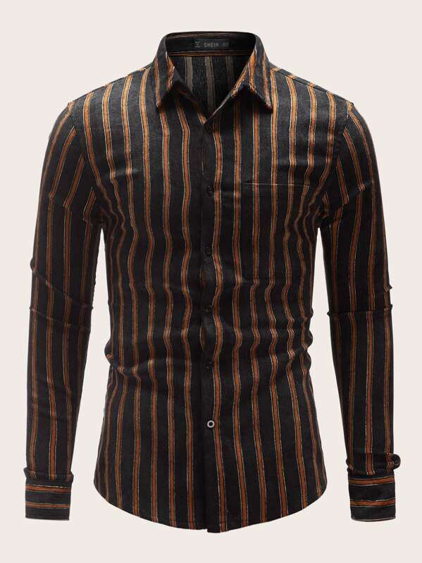 

Men Pocket Patched Striped Cord Shirt, Multicolor
