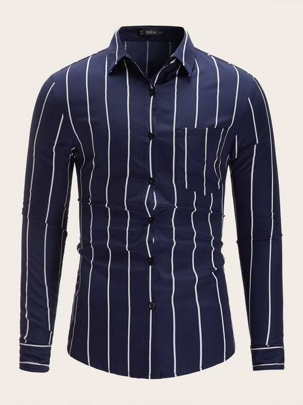 

Men Pocket Patched Striped Shirt, Navy