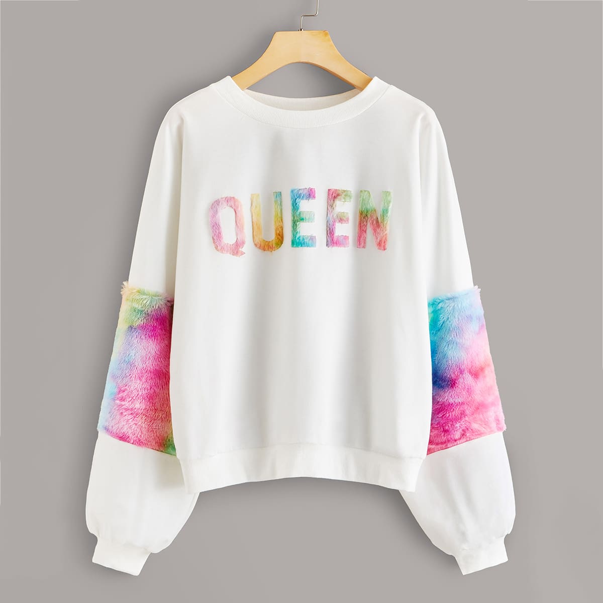 

Tie Dye Faux Fur Panel Letter Pullover, White