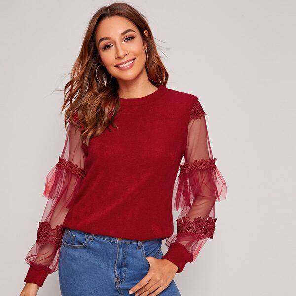 

Contrast Mesh Guipure Lace Panel Sweater, Red