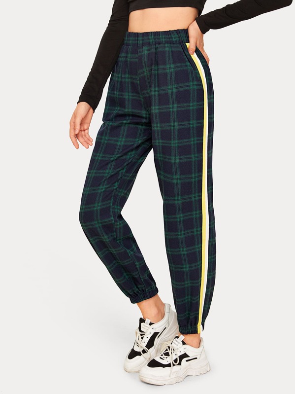 

Plaid Side Striped Tapered Pants, Green, Margarita