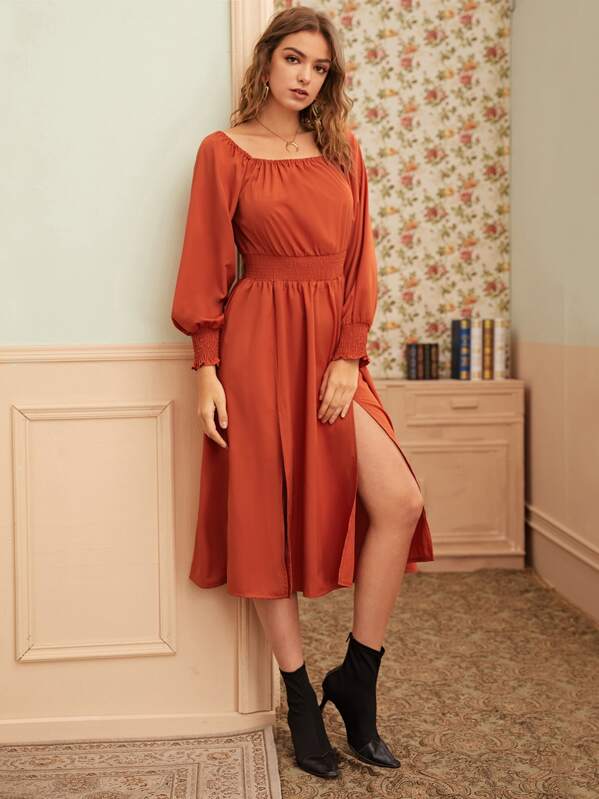 

Solid Square Neck Split Thigh Dress, Orange, Luiza