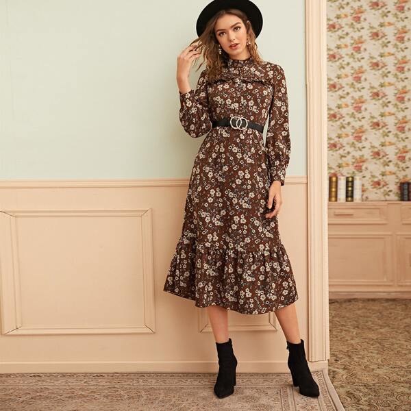 

Floral Print Frill Trim Dress Without Belt, Brown