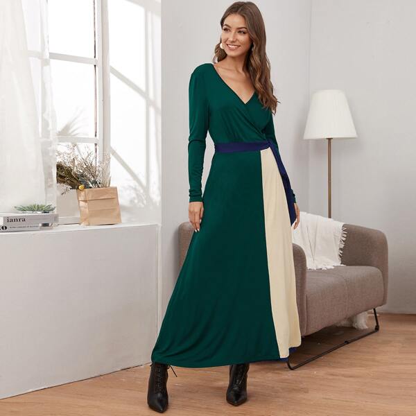 

Surplice Neck Tie Side Colorblock Dress, Green