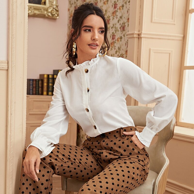 

Button Front Frilled Neckline Blouse, White