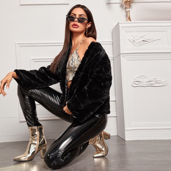 

Solid Open Front Teddy Jacket, Black