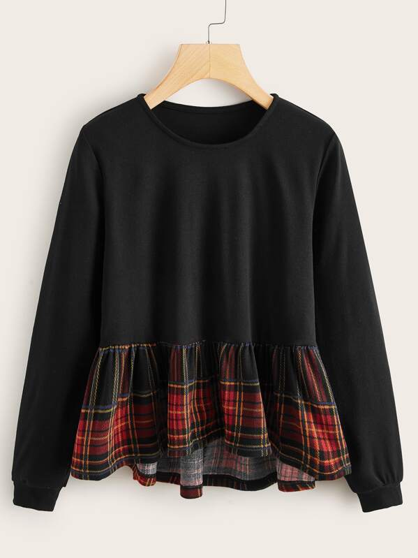 

Ruffle Hem Plaid Print Tee, Black