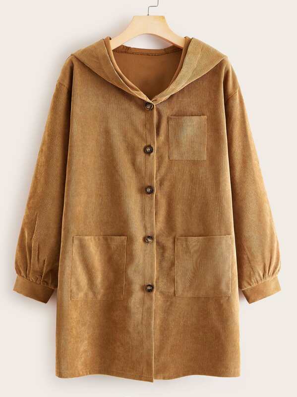 

Button Through Dual Pocket Corduroy Coat, Camel