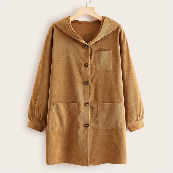 

Button Through Dual Pocket Corduroy Coat, Camel